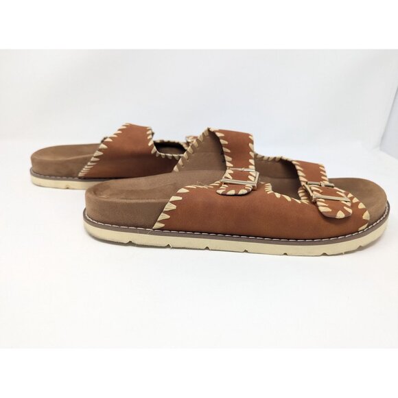 Brown Double Buckle Sandals White Stitching Comfortable Sole 11 Cushionaire - Picture 6 of 7